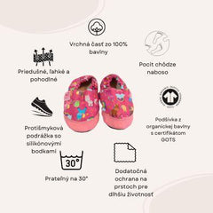 Detské textilné capačky Barefoot s ochranou - Cyklámenový Unicorn